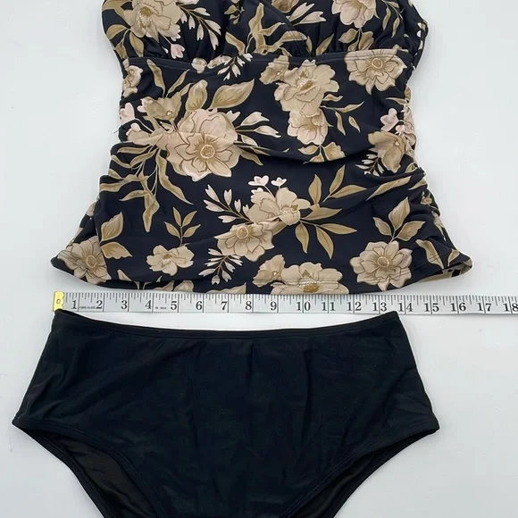 CUPSHE Floral Black Tankini Swimsuit V Neck Adjustable Strap Mid Rise - Picture 12 of 16